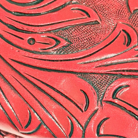 RARE Shazel Red Hand-Tooled Leather Cutout Handel Handbag Crossbody Clutch Bag - Picture 10 of 12